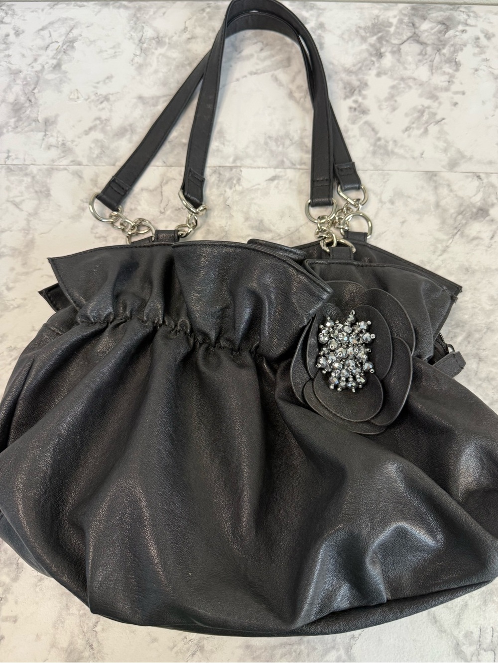 Women’s Black Faux Leather Shoulder Bag with Floral Beaded Silver Tone Accent